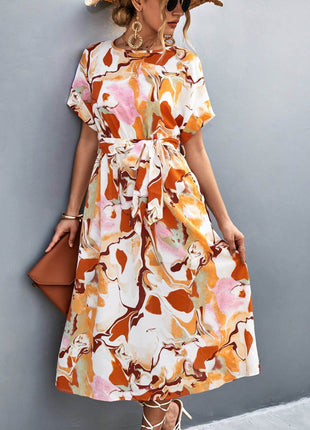 Round Neck Short Sleeve Tie Waist Midi Dress - MimiStylez