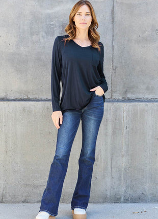 Basic Bae Full Size V-Neck Long Sleeve Top - MimiStylez