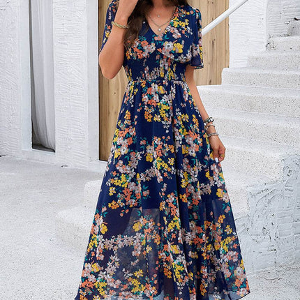 Smocked Floral V-Neck Short Sleeve Dress - MimiStylez