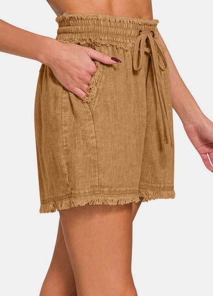 Zenana Washed Linen Frayed Hem Drawstring Shorts - MimiStylez