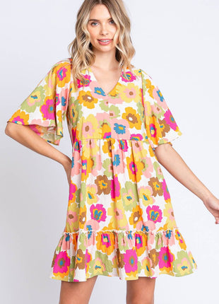 GeeGee Full Size Floral V-Neck Ruffle Trim Mini Dress - MimiStylez