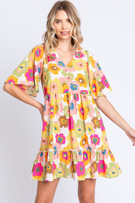 GeeGee Full Size Floral V-Neck Ruffle Trim Mini Dress - MimiStylez