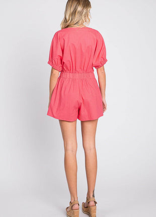 GeeGee Half Button V-Neck Linen Romper - MimiStylez