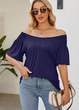 Smocked Round Neck Flutter Sleeve T-Shirt - MimiStylez