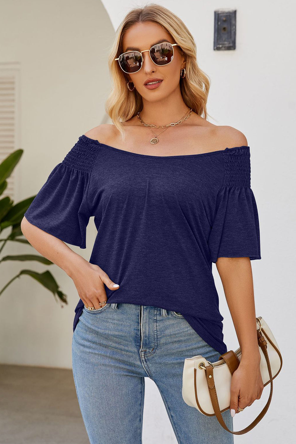 Smocked Round Neck Flutter Sleeve T-Shirt