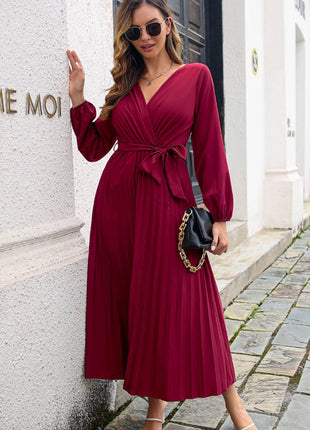 Pleated Long Sleeve Surplice Maxi Dress - MimiStylez