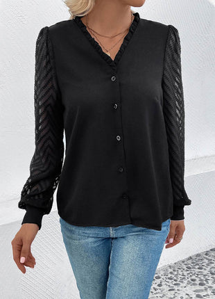 Mesh V-Neck Button Front Blouse - MimiStylez