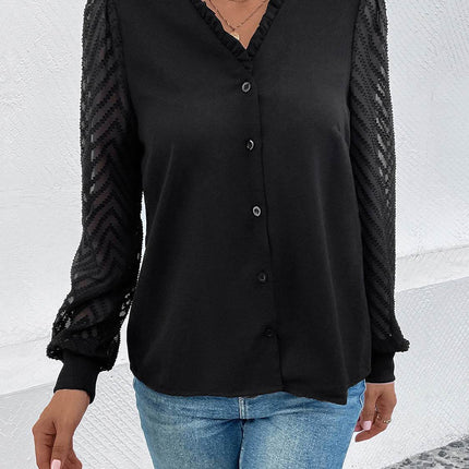 Mesh V-Neck Button Front Blouse - MimiStylez