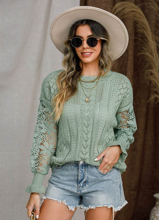Eyelet Crochet Lantern Sleeve Sweater - MimiStylez