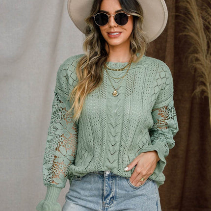 Eyelet Crochet Lantern Sleeve Sweater - MimiStylez