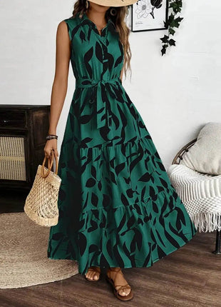 Printed Tie Waist Sleeveless Maxi Dress - MimiStylez