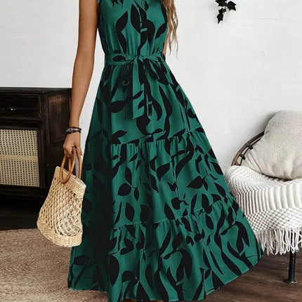 Printed Tie Waist Sleeveless Maxi Dress - MimiStylez