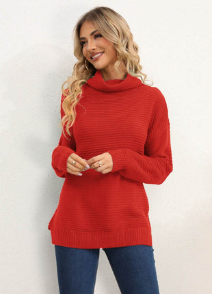 Slit Turtleneck Dropped Shoulder Sweater - MimiStylez
