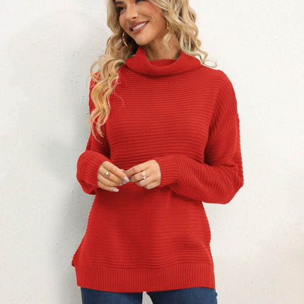 Slit Turtleneck Dropped Shoulder Sweater - MimiStylez