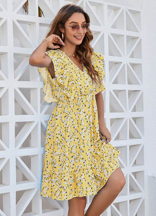 Ruffled Ditsy Floral Surplice Mini Dress - MimiStylez