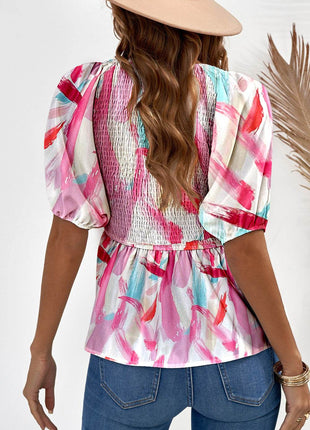 Printed V-Neck Babydoll Blouse - MimiStylez