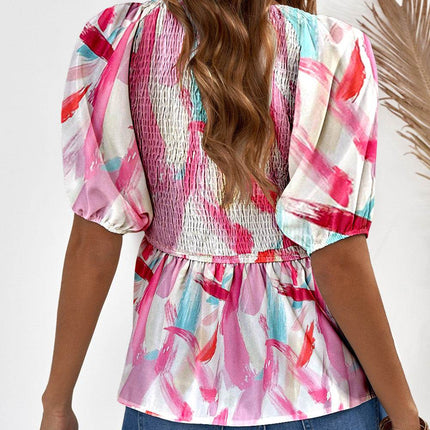 Printed V-Neck Babydoll Blouse - MimiStylez
