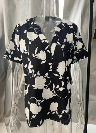 Full Size Printed Notched Short Sleeve Blouse - MimiStylez