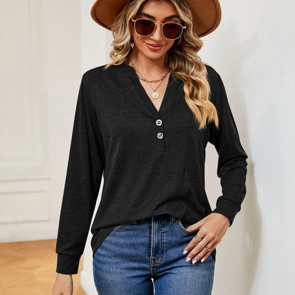Buttoned Notched Neck Long Sleeve Top - MimiStylez