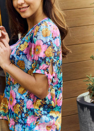 Petal Dew Full Size Floral V-Neck Tie Detail Blouse - MimiStylez