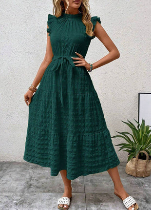 Tied Ruffled Cap Sleeve Midi Dress - MimiStylez