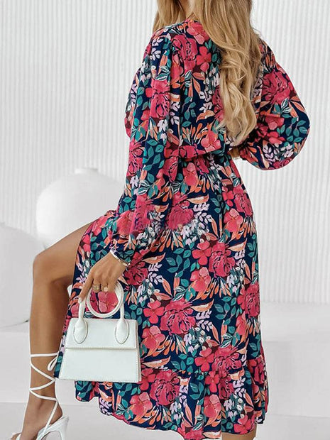 Printed Long Sleeve Slit Dress - MimiStylez
