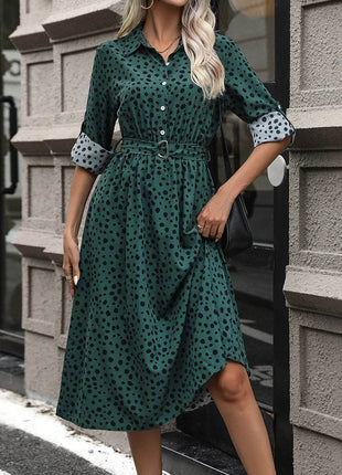 Perfee Printed Belted Long Sleeve Midi Dress - MimiStylez