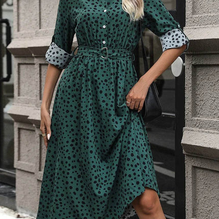 Perfee Printed Belted Long Sleeve Midi Dress - MimiStylez