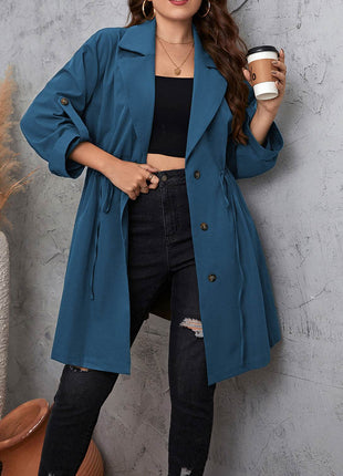Plus Size Lapel Collar Drawstring Roll-Tab Sleeve Trench Coat - MimiStylez