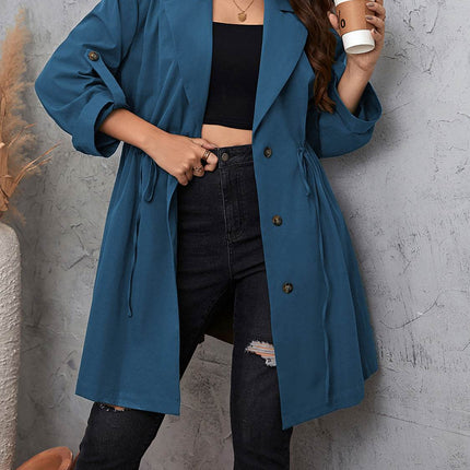 Plus Size Lapel Collar Drawstring Roll-Tab Sleeve Trench Coat - MimiStylez