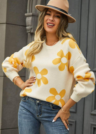 Floral Print Round Neck Dropped Shoulder Pullover Sweater - MimiStylez
