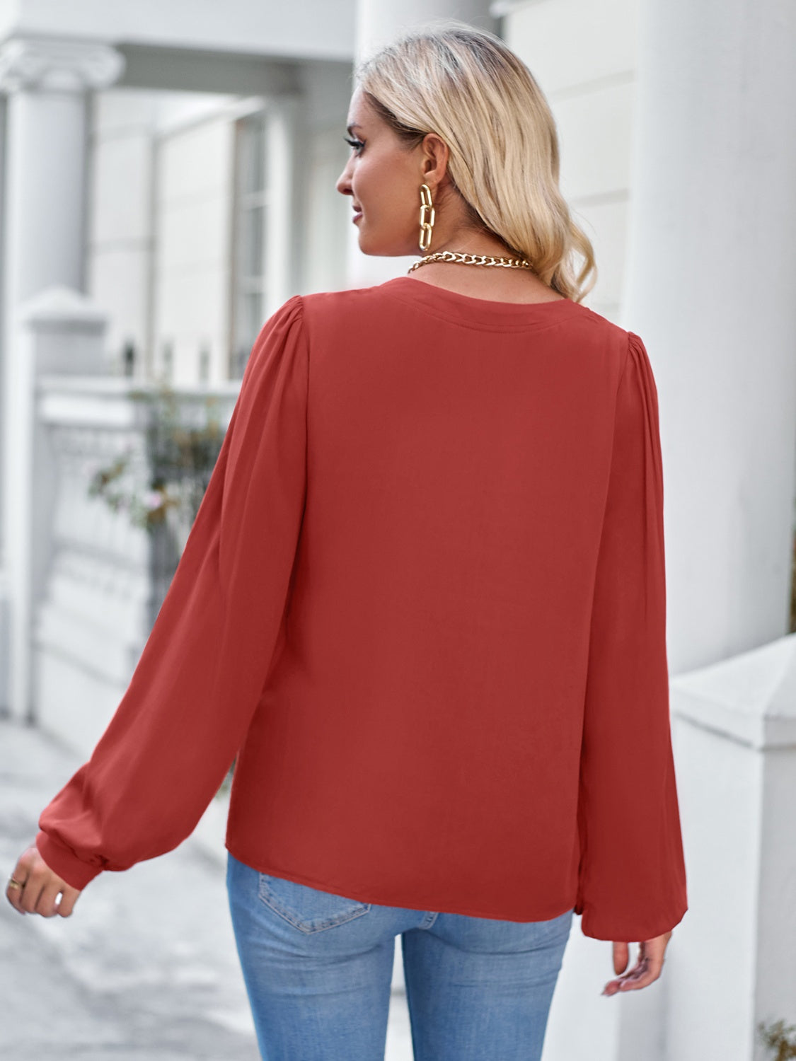 Notched Neck Puff Sleeve Blouse