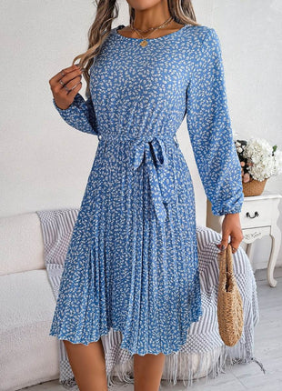 Ditsy Floral Tie Waist Pleated Dress - MimiStylez