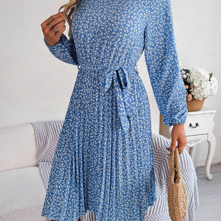 Ditsy Floral Tie Waist Pleated Dress - MimiStylez