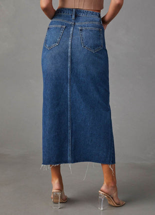 Slit Raw Hem Midi Denim Skirt - MimiStylez