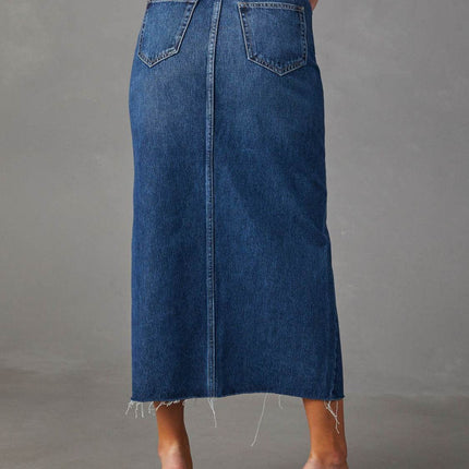 Slit Raw Hem Midi Denim Skirt - MimiStylez