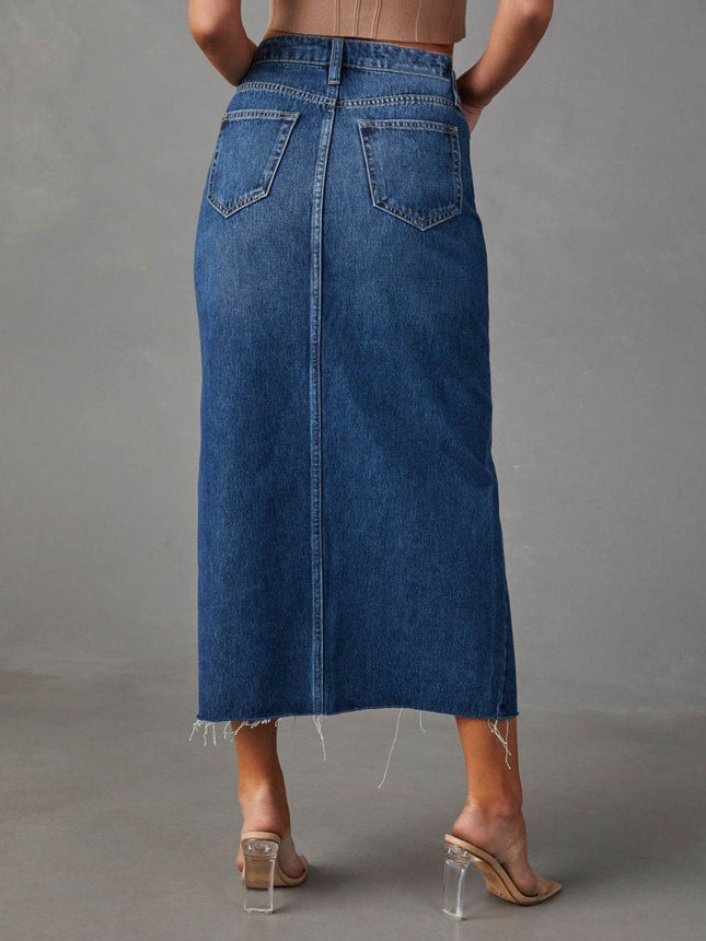 Slit Raw Hem Midi Denim Skirt - MimiStylez