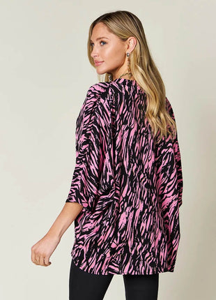 Double Take Full Size Printed Notched Three-Quarter Sleeve Blouse - MimiStylez