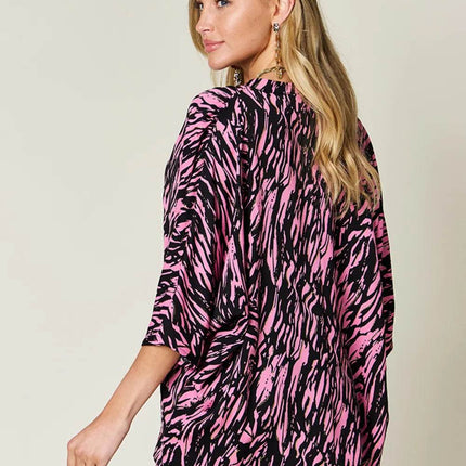 Double Take Full Size Printed Notched Three-Quarter Sleeve Blouse - MimiStylez