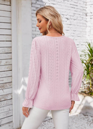 Applique V-Neck Flounce Sleeve T-Shirt - MimiStylez