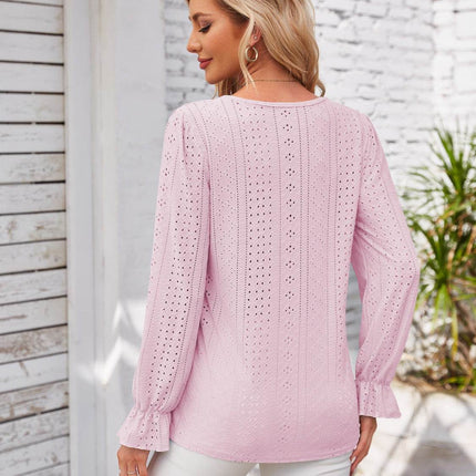 Applique V-Neck Flounce Sleeve T-Shirt - MimiStylez