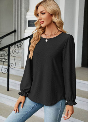 Round Neck Flounce Sleeve Blouse - MimiStylez