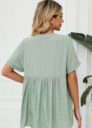 Side Slit Notched Neck Cuffed Short Sleeve Blouse - MimiStylez
