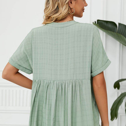Side Slit Notched Neck Cuffed Short Sleeve Blouse - MimiStylez