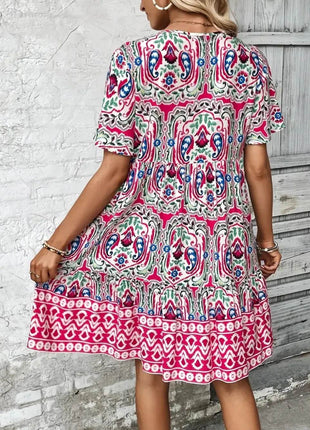 Printed Tie Neck Short Sleeve Dress - MimiStylez