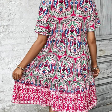 Printed Tie Neck Short Sleeve Dress - MimiStylez