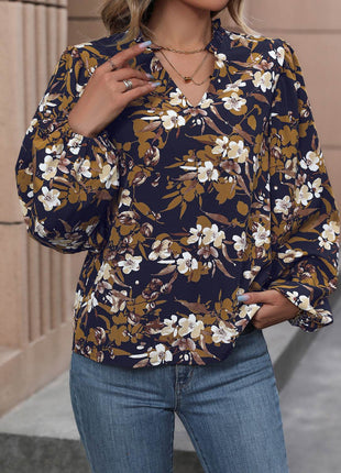 Floral Notched Balloon Sleeve Blouse - MimiStylez