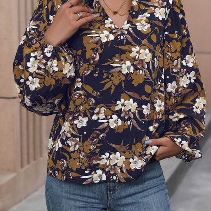 Floral Notched Balloon Sleeve Blouse - MimiStylez