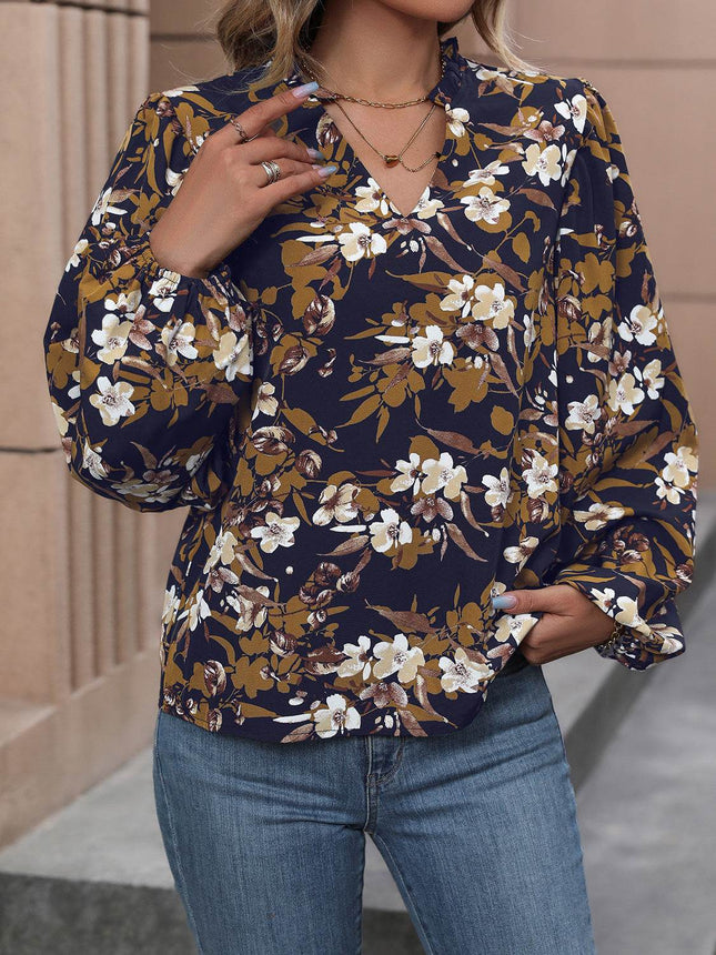 Floral Notched Balloon Sleeve Blouse - MimiStylez