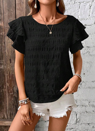 Round Neck Flounce Sleeve Blouse - MimiStylez